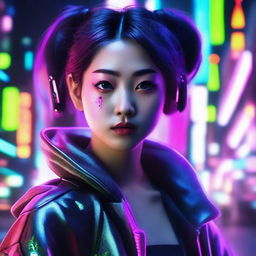 Generate a hyper realistic, high-definition image of a beautiful young Japanese woman, surrounded by a vibrant cyberpunk aesthetic filled with neon accents