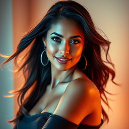 A stunning portrait of a confident woman with long, flowing hair, striking features, and an alluring smile