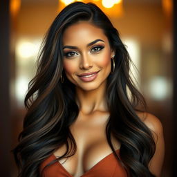 A stunning portrait of a confident woman with long, flowing hair, striking features, and an alluring smile