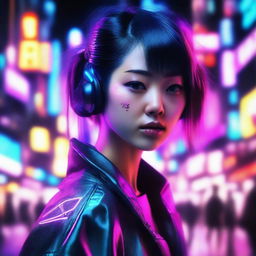 Generate a hyper realistic, high-definition image of a beautiful young Japanese woman, surrounded by a vibrant cyberpunk aesthetic filled with neon accents