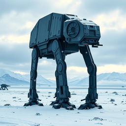 A striking depiction of an AT-AT Walker standing prominently on a snowy battlefield, showcasing its massive, armored legs and sleek design