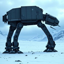 A striking depiction of an AT-AT Walker standing prominently on a snowy battlefield, showcasing its massive, armored legs and sleek design