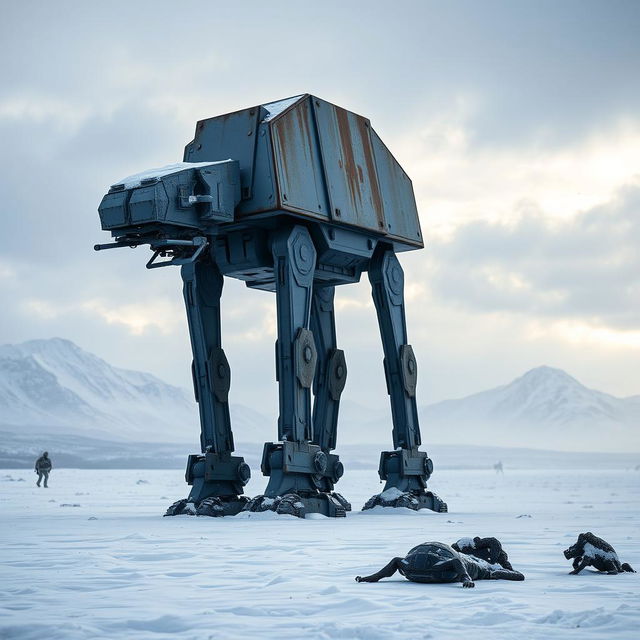 A striking depiction of an AT-AT Walker standing prominently on a snowy battlefield, showcasing its massive, armored legs and sleek design