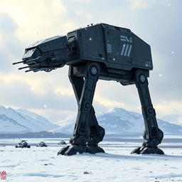 A striking depiction of an AT-AT Walker standing prominently on a snowy battlefield, showcasing its massive, armored legs and sleek design