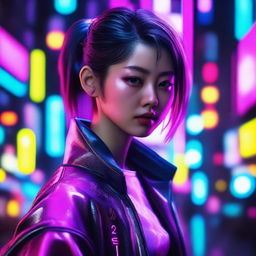 Generate a hyper realistic, high-definition image of a beautiful young Japanese woman, surrounded by a vibrant cyberpunk aesthetic filled with neon accents