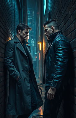 A gripping crime thriller scene featuring a passionate gay romance between two male characters