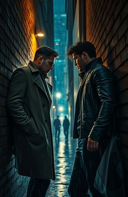 A gripping crime thriller scene featuring a passionate gay romance between two male characters