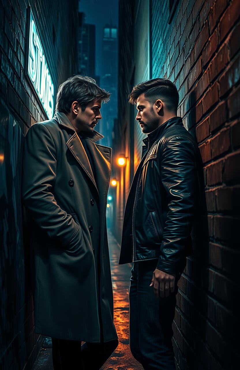 A gripping crime thriller scene featuring a passionate gay romance between two male characters