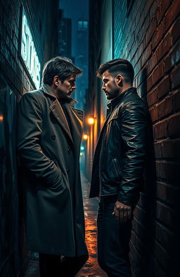 A gripping crime thriller scene featuring a passionate gay romance between two male characters