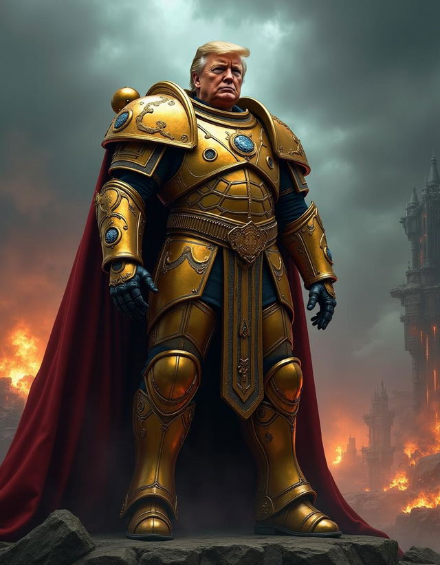 A grand and imposing figure representing Donald Trump reimagined as a God Emperor from Warhammer 40,000, standing proudly in ornate golden armor adorned with intricate designs and emblems