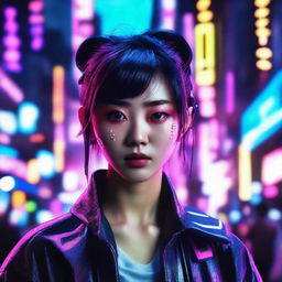 Generate a hyper realistic, high-definition image of a beautiful young Japanese woman, surrounded by a vibrant cyberpunk aesthetic filled with neon accents