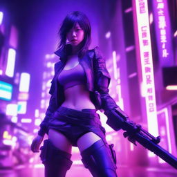 Generate an image of a beautiful young Japanese woman engaged in combat, her surroundings bathed in a neon purple glow of a cyberpunk aesthetic