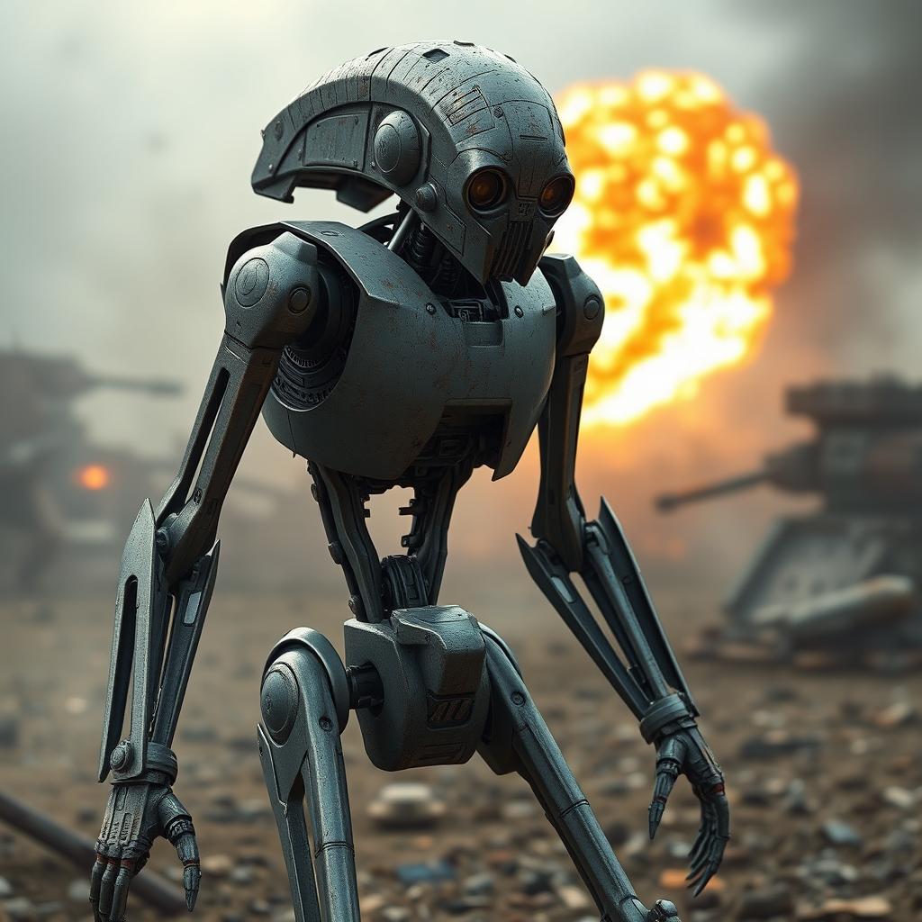 A detailed portrayal of a battle droid, showcasing its humanoid form with a metal body and thin limbs, standing in a dynamic pose ready for action