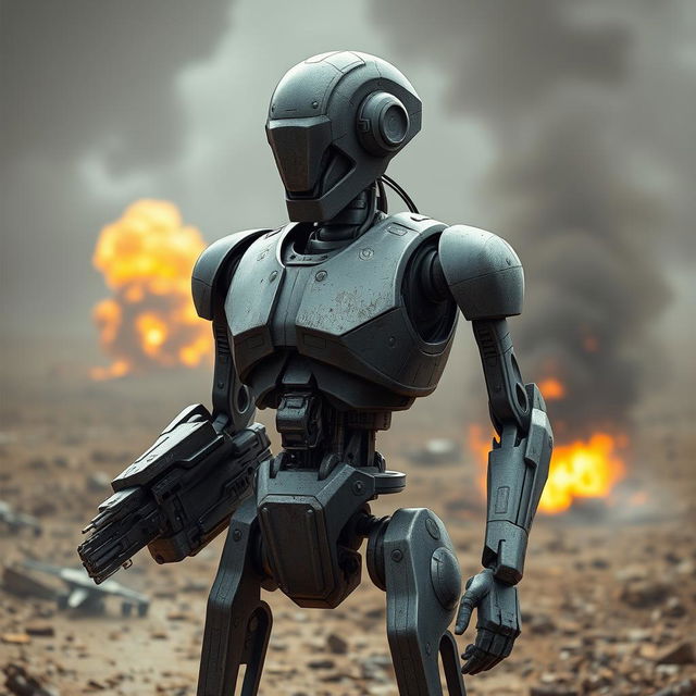 A detailed portrayal of a battle droid, showcasing its humanoid form with a metal body and thin limbs, standing in a dynamic pose ready for action