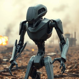 A detailed portrayal of a battle droid, showcasing its humanoid form with a metal body and thin limbs, standing in a dynamic pose ready for action