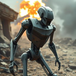A detailed portrayal of a battle droid, showcasing its humanoid form with a metal body and thin limbs, standing in a dynamic pose ready for action