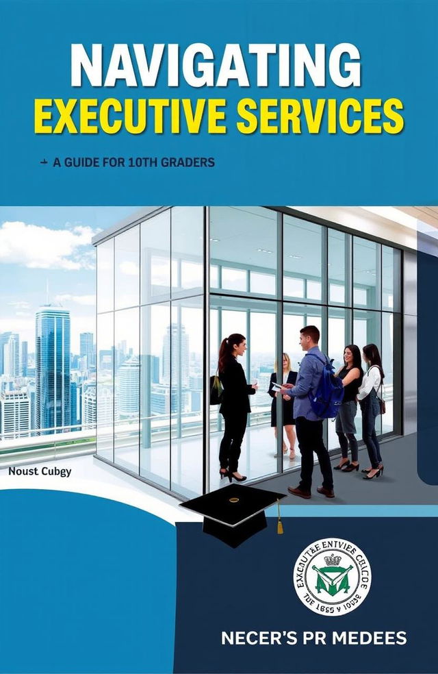 A dynamic and modern book cover design featuring a sleek executive services center