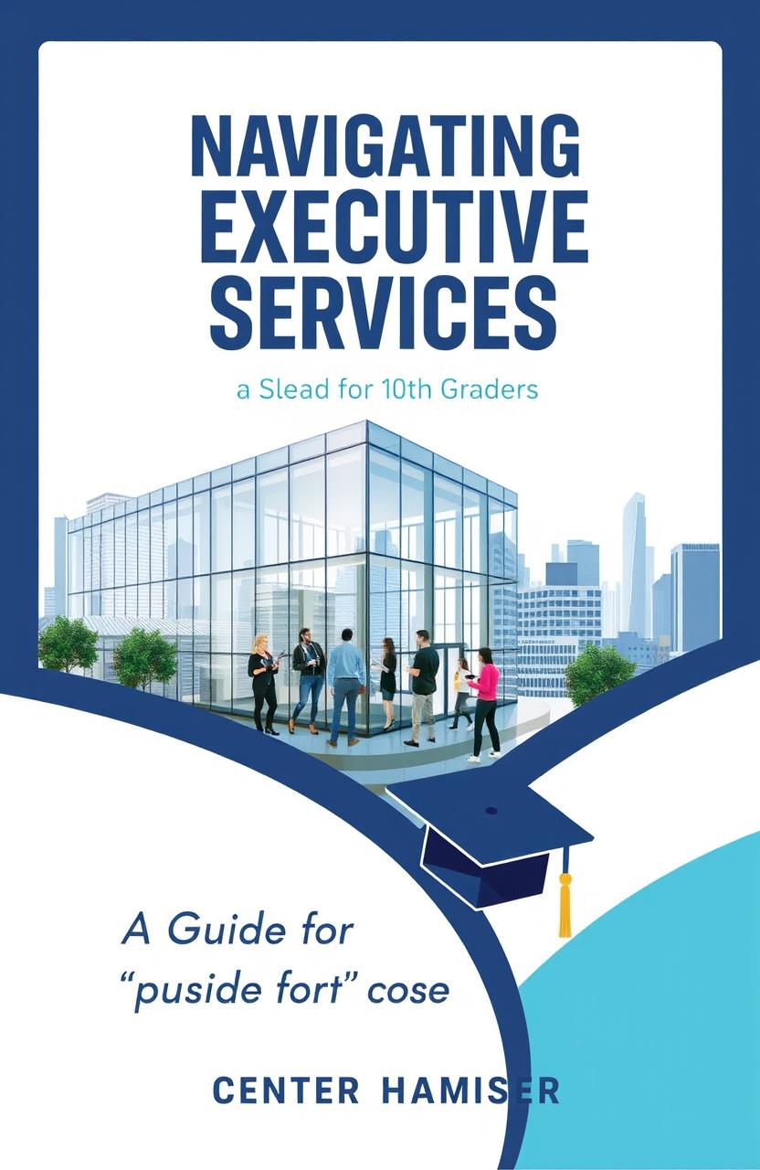 A dynamic and modern book cover design featuring a sleek executive services center