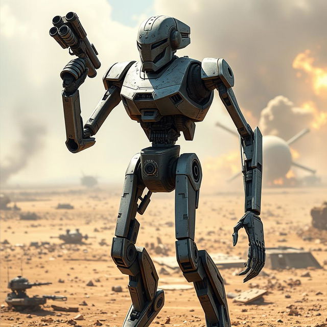 A detailed portrayal of a battle droid, showcasing its slender and humanoid form with a metallic body and articulated limbs