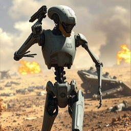 A detailed portrayal of a battle droid, showcasing its slender and humanoid form with a metallic body and articulated limbs