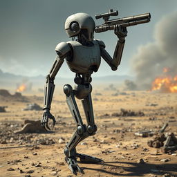 A detailed portrayal of a battle droid, showcasing its slender and humanoid form with a metallic body and articulated limbs
