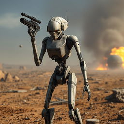 A detailed portrayal of a battle droid, showcasing its slender and humanoid form with a metallic body and articulated limbs