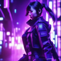 Generate an image of a beautiful young Japanese woman engaged in combat, her surroundings bathed in a neon purple glow of a cyberpunk aesthetic