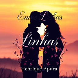 A romantic book cover design featuring the title 'Entre Linhas' prominently displayed at the top in elegant, flowing script