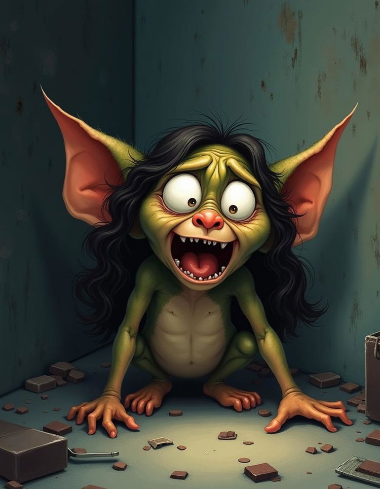 A whimsical and slightly dark illustration of Kamala Harris depicted as a frightened gremlin, with wide, fearful eyes and a worried expression