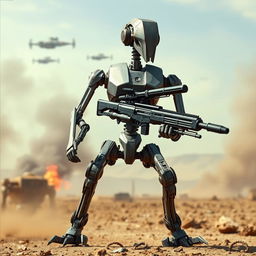 An intricately designed Star Wars battle droid standing alert in a dramatic pose, showcasing its angular limbs and mechanical joints