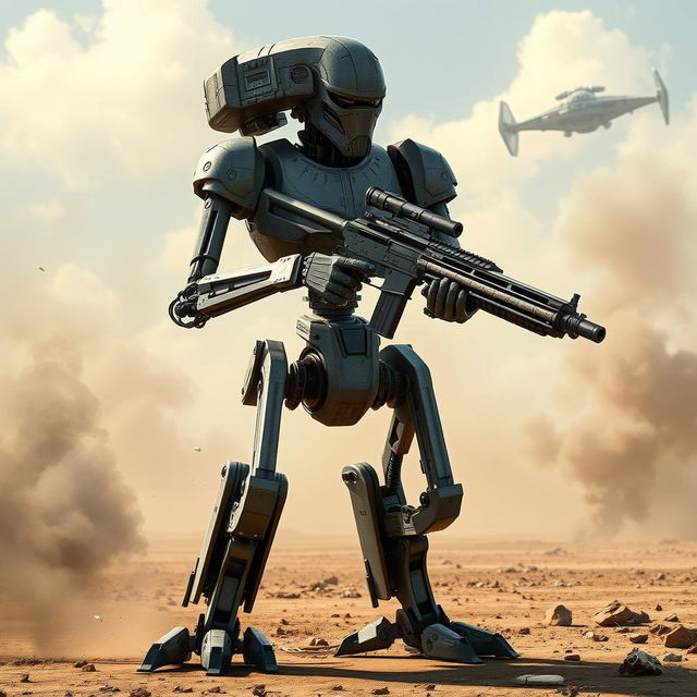 An intricately designed Star Wars battle droid standing alert in a dramatic pose, showcasing its angular limbs and mechanical joints