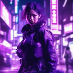 Generate an image of a beautiful young Japanese woman engaged in combat, her surroundings bathed in a neon purple glow of a cyberpunk aesthetic