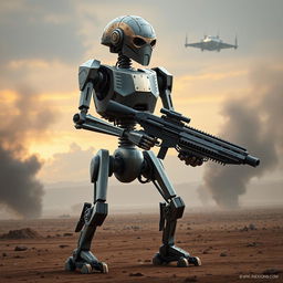 An intricately designed Star Wars battle droid standing alert in a dramatic pose, showcasing its angular limbs and mechanical joints