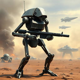 An intricately designed Star Wars battle droid standing alert in a dramatic pose, showcasing its angular limbs and mechanical joints