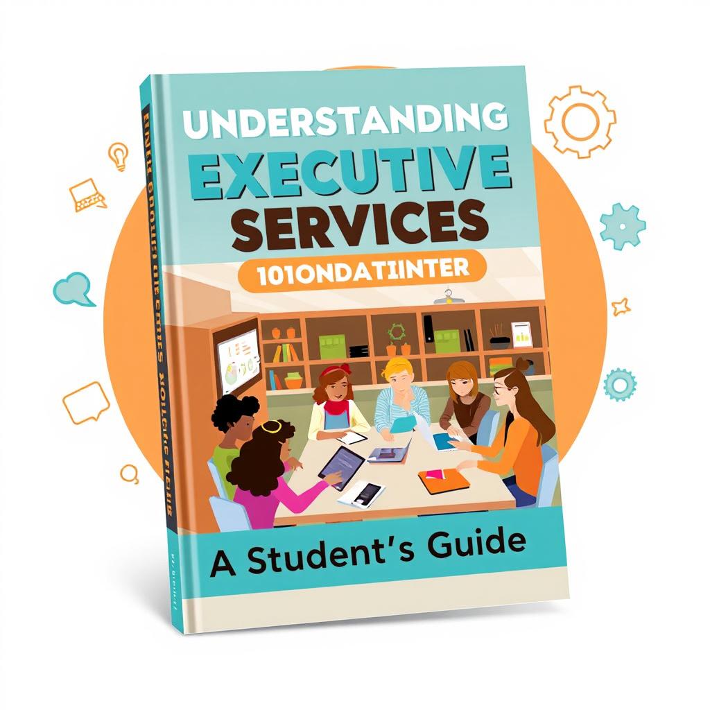 A visually engaging book cover designed for 10th graders, focusing on the topic of 'Executive Services Center'