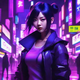 Generate an image of a beautiful young Japanese woman as a skilled combatant, her surroundings filled with the neon purple hues of a cyberpunk environment