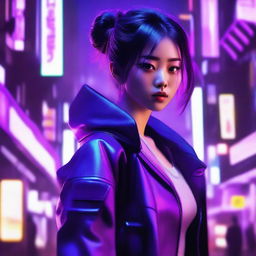 Generate an image of a beautiful young Japanese woman as a skilled combatant, her surroundings filled with the neon purple hues of a cyberpunk environment