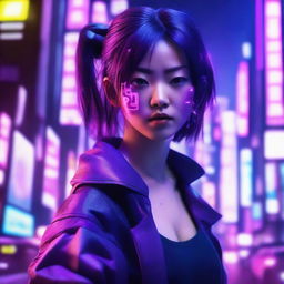 Generate an image of a beautiful young Japanese woman as a skilled combatant, her surroundings filled with the neon purple hues of a cyberpunk environment