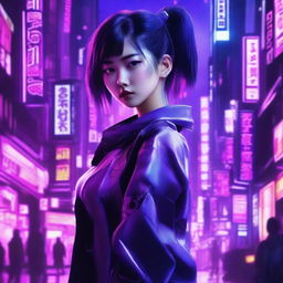 Generate an image of a beautiful young Japanese woman as a skilled combatant, her surroundings filled with the neon purple hues of a cyberpunk environment