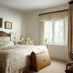 A classic-style bedroom, featuring a traditional, comfortable-looking bed as its focal point.