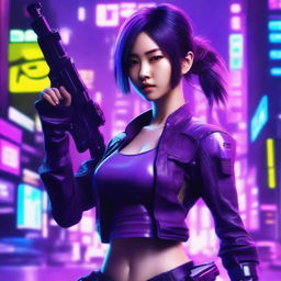 Generate an image of a beautiful young Japanese woman as a proficient gunner, set against the backdrop of a neon-purple lit cyberpunk setting