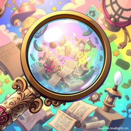 A large anime-style magnifying glass, featuring an intricately designed handle with decorative elements, such as swirls and floral patterns