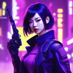 Generate an image of a beautiful young Japanese woman as a proficient gunner, set against the backdrop of a neon-purple lit cyberpunk setting