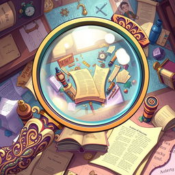 A large anime-style magnifying glass, featuring an intricately designed handle with decorative elements, such as swirls and floral patterns