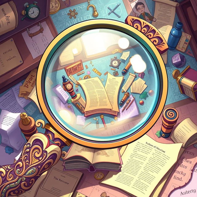 A large anime-style magnifying glass, featuring an intricately designed handle with decorative elements, such as swirls and floral patterns