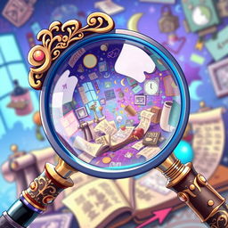 A large anime-style magnifying glass, featuring an intricately designed handle with decorative elements, such as swirls and floral patterns