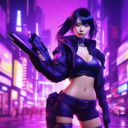 Generate an image of a beautiful young Japanese woman as a proficient gunner, set against the backdrop of a neon-purple lit cyberpunk setting