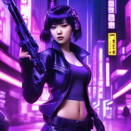 Generate an image of a beautiful young Japanese woman as a proficient gunner, set against the backdrop of a neon-purple lit cyberpunk setting