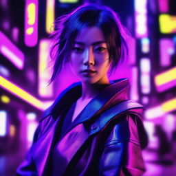 Generate an image of a beautiful young Japanese woman, a master of the sword, in a vivid neon purple, cyberpunk setting.