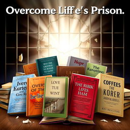 A powerful and inspiring image depicting a collection of books that symbolize overcoming life's prisons